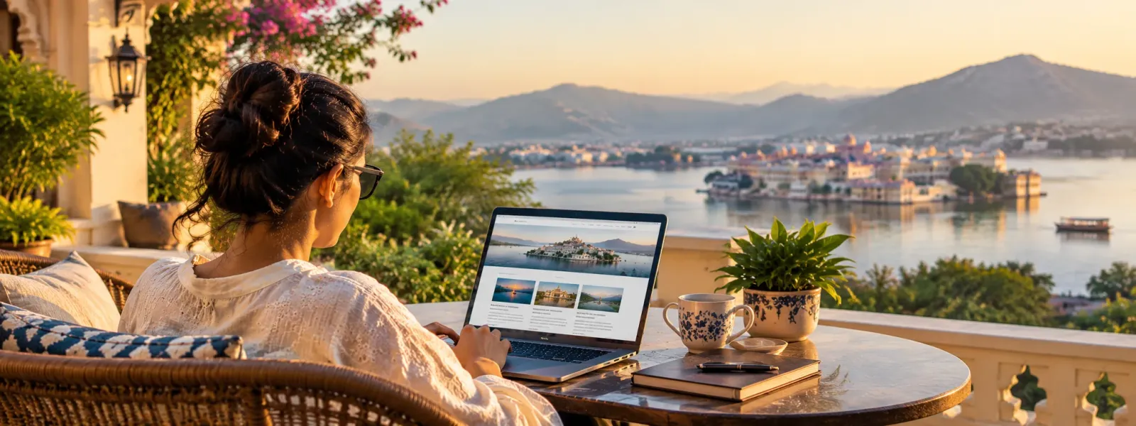 Woman reading a travel blog on a laptop at a luxury villa terrace overlooking Lake Pichola and Udaipur hills