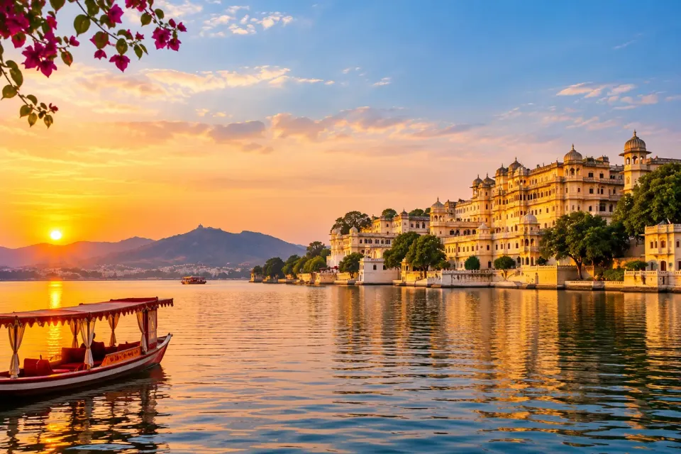 Udaipur, the City of Lakes, featuring a majestic palace, serene lake, sunset reflections, and a scenic heritage boat ride