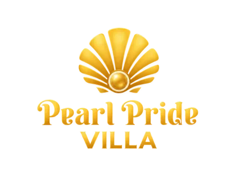 Golden shell and pearl logo with embossed gold text reading “Pearl Pride VILLA” on a transparent background