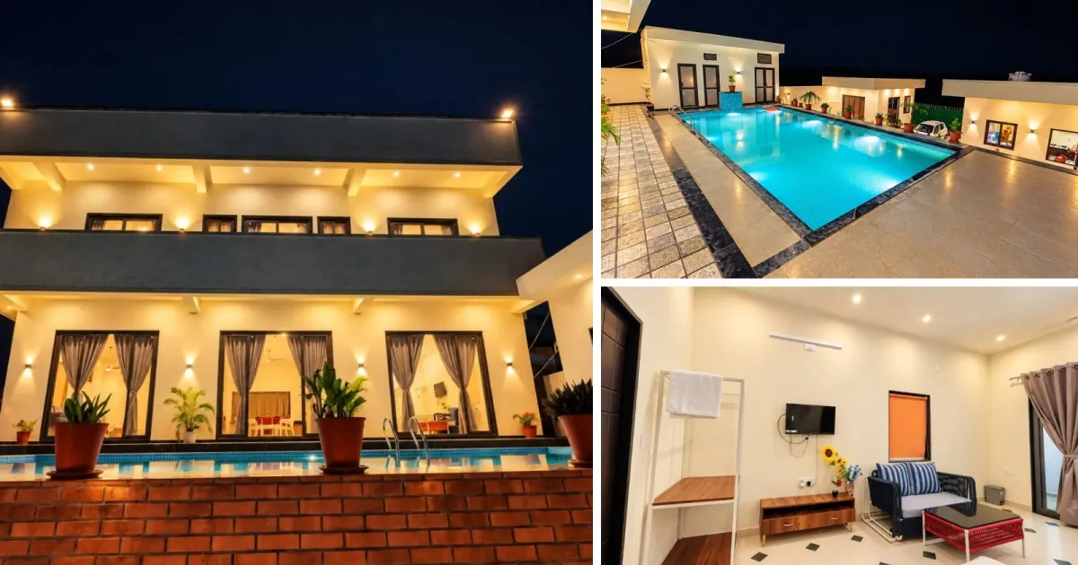 Pearl Pride Villa Udaipur at night with private pool, two-storey exterior and comfortable room for Diwali stay