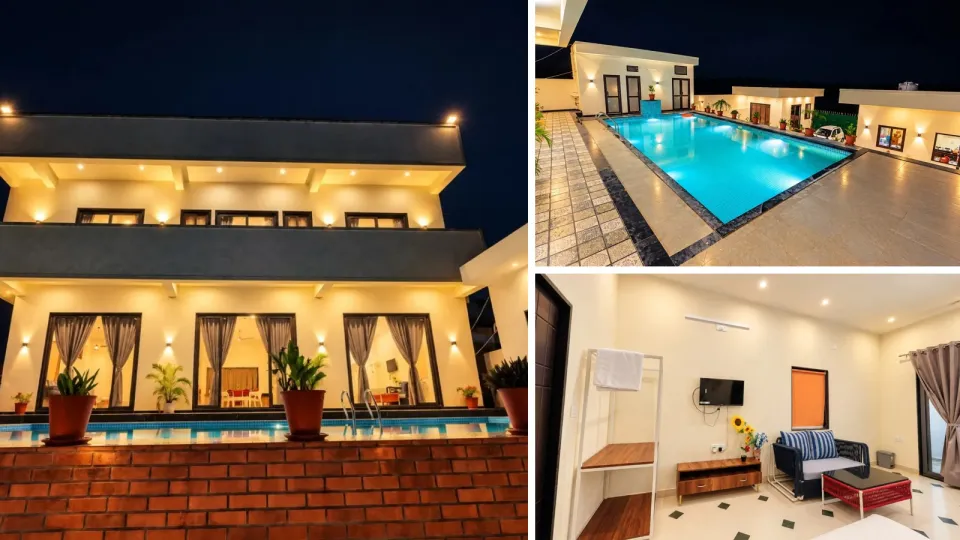 Pearl Pride Villa Udaipur at night with private pool, two-storey exterior and comfortable room for Diwali stay